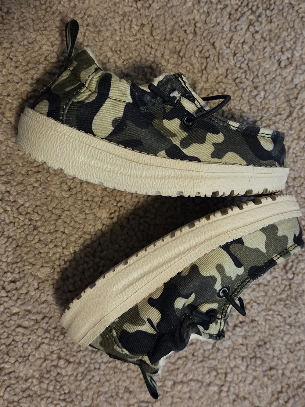 Hey Dude Kids Camo Slip-On Shoes in Green, Black, Tan